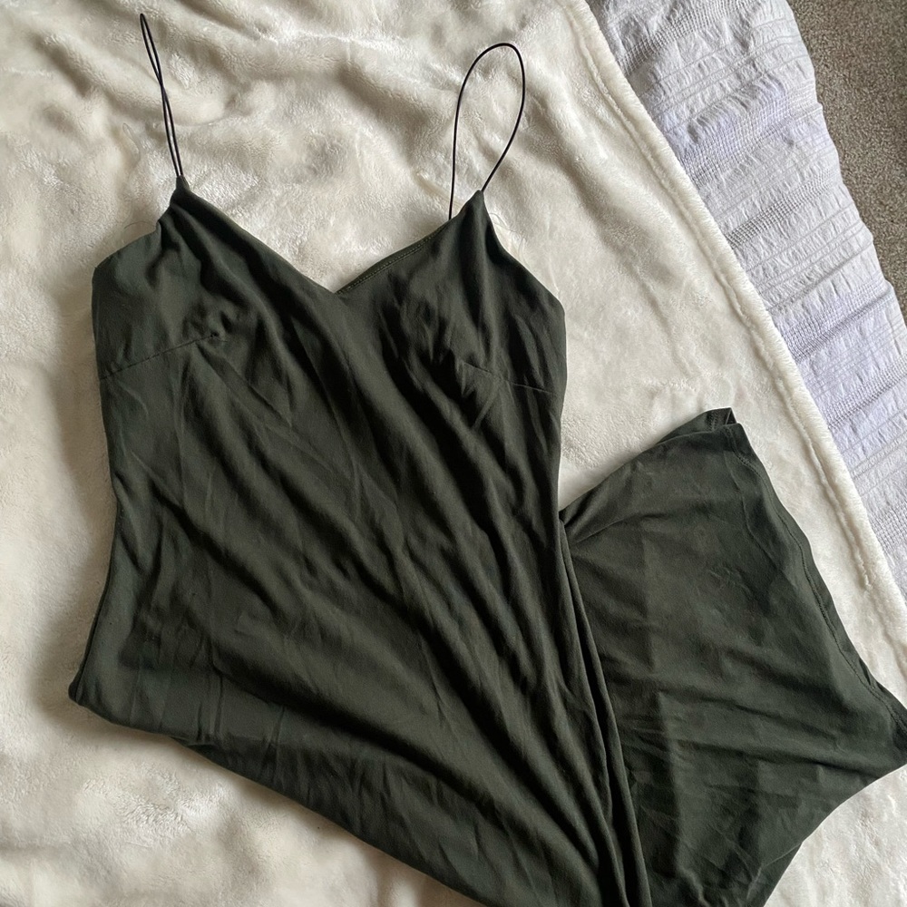 Army green suede with black spaghetti straps, over the knee, bodycon style